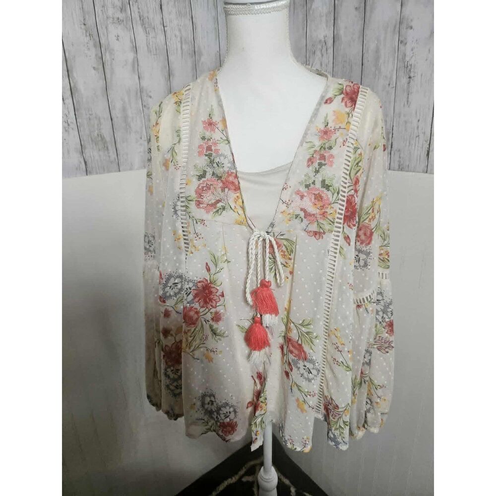 Time and Tru Floral Swiss Dot Peasant Blouse Women’s Large 12-14 Boho Tassel Tie